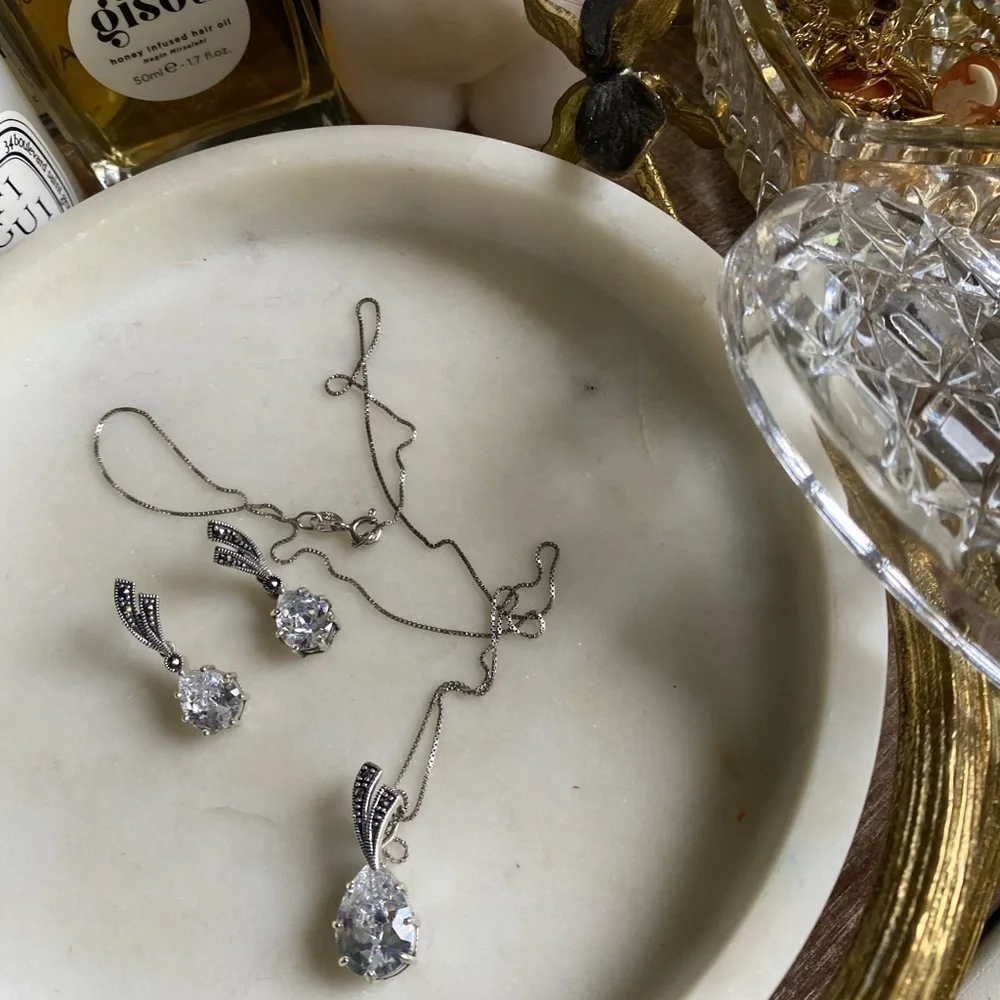 Sterling silver and marcasite matching crystal necklace and earrings set